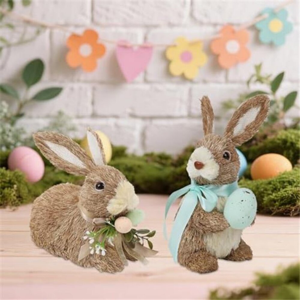 Set of 2 Easter Decorations Bunny Figurines with Eggs Spring Straw - Picture 13 of 14